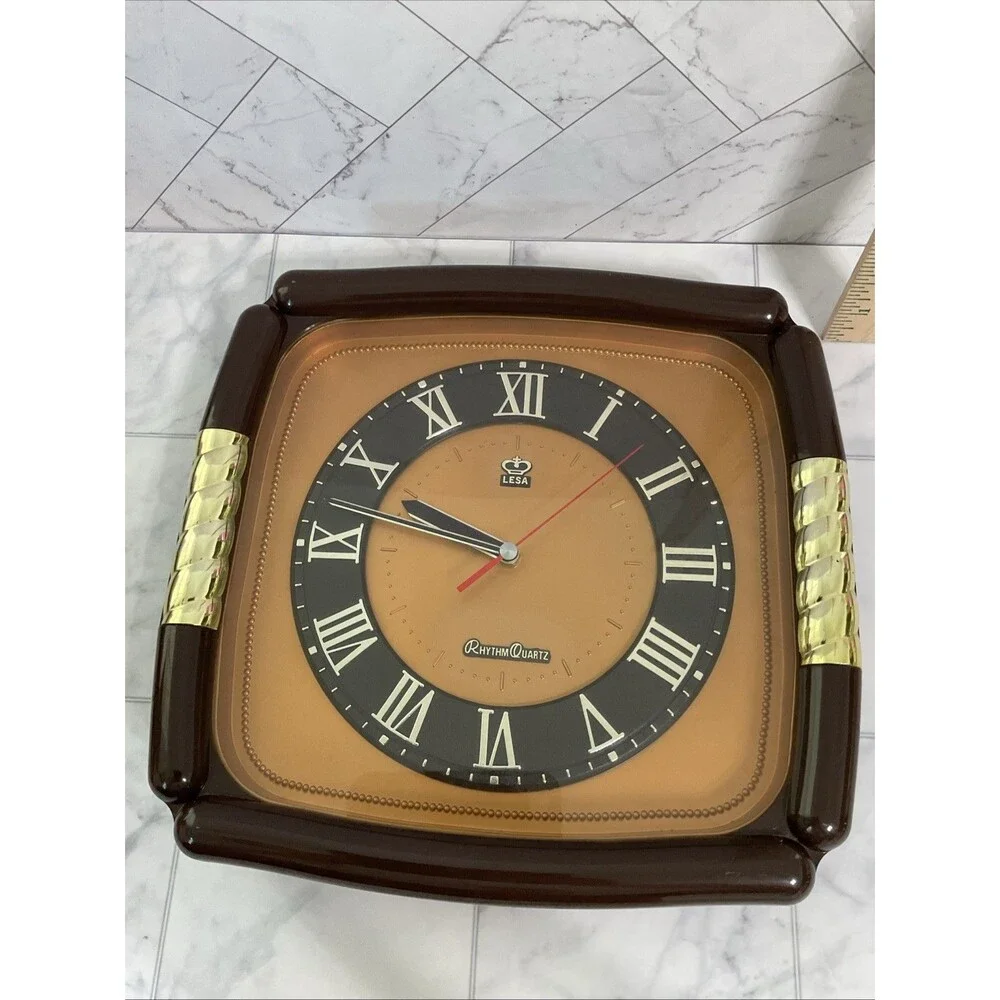 Rare Vintage Rhythm Quartz Square Wall Clock With Arabic Numbers 12.5” Taiwan